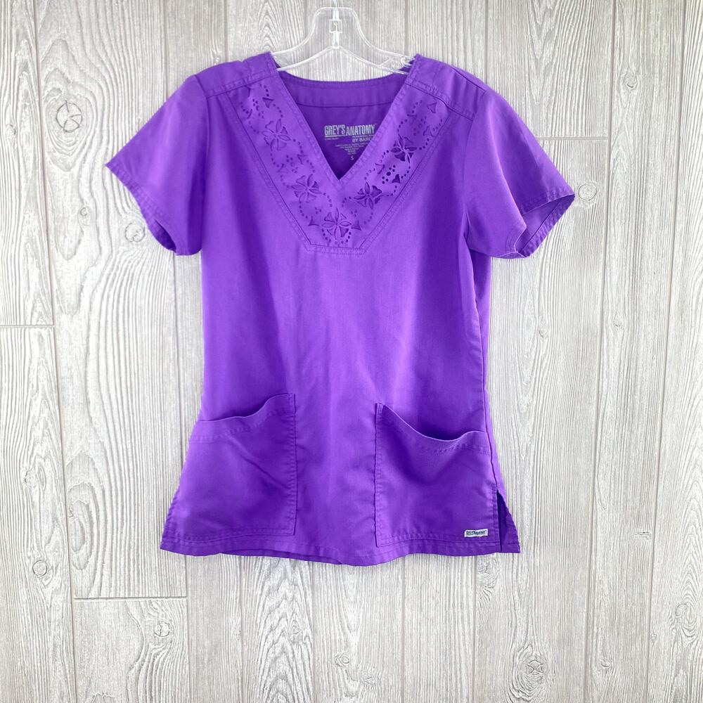 Grey's Anatomy Scrubs Top Women's Small Purple V Neck Lace Short Sleeve Pockets
